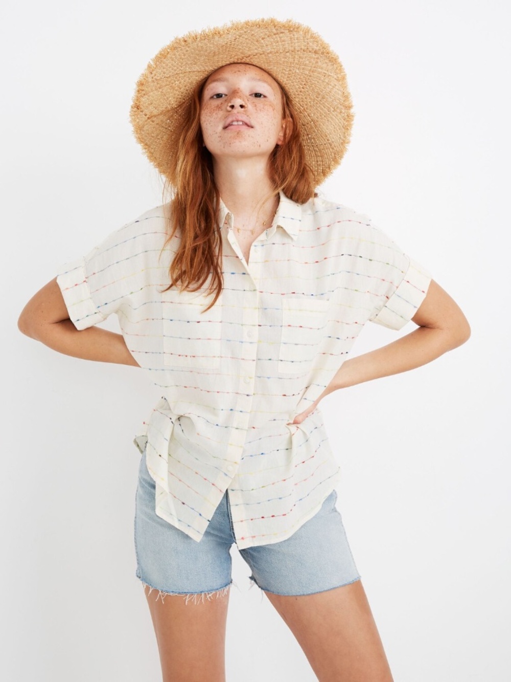 Madewell Short Sleeve Courier Rainbow Striped Button Down Shirt Small EUC